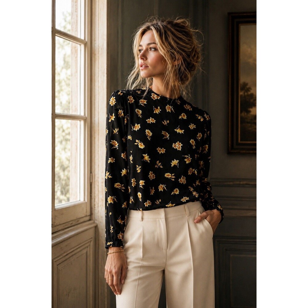 Evan Picone 100% Silk Black Floral Blouse Small Button Cuff Long Sleeve Career